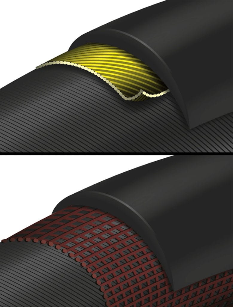 top image Continental Double Vectran Breaker cutaway, bottom image Continental DuraSkin cutaway