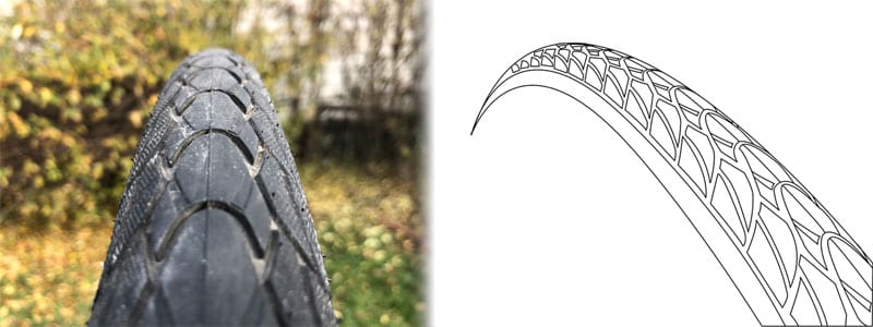 left picture of Schwalbe Marathon Plus tread pattern, right outline showing tread at 45-degree angle