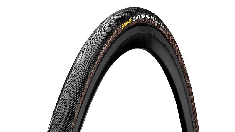 45-degree angle of Continental Sprinter Gatorskin tubular bike tire mounted to rim showing sidewall and tread pattern