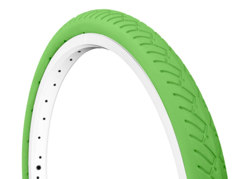 45-degree angle green Tannus Mini-Velo foam airless tire attached to rim