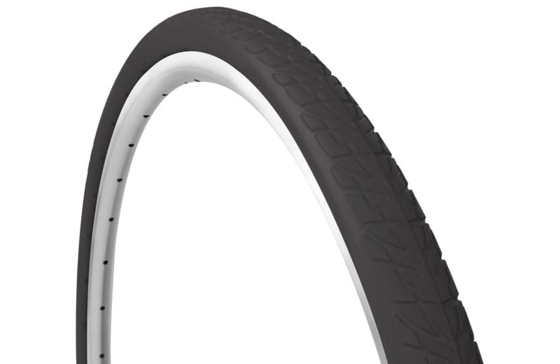45-degree angle black Tannus Shield foam airless tire attached to rim showing knobby tread pattern