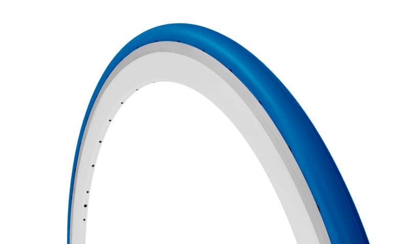 45-degree angle blue Tannus Slick foam airless tire attached to rim